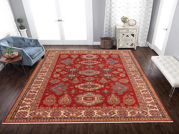 handmade Geometric Super Kazak Red Beige Hand Knotted RECTANGLE 100% WOOL area rug 9x13